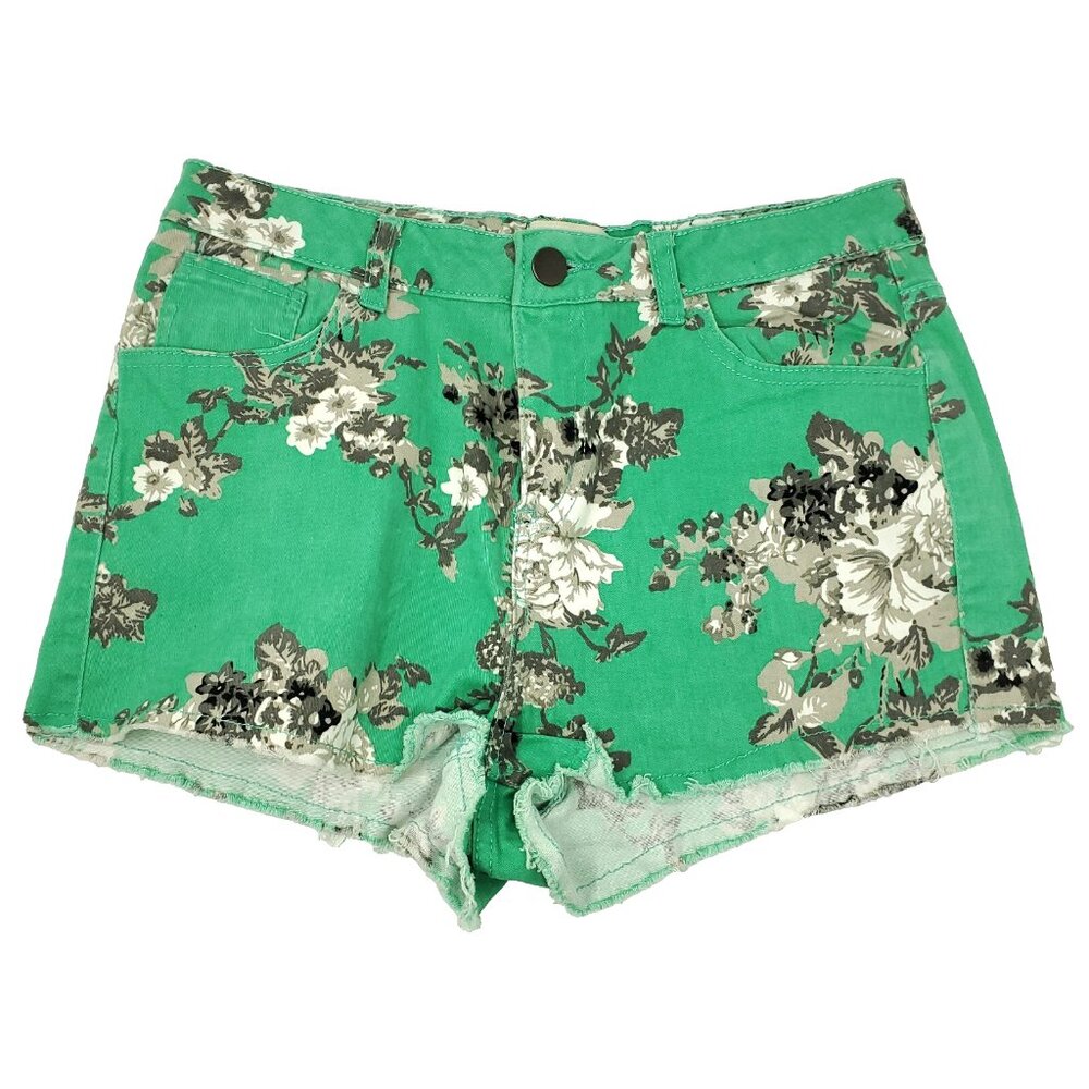 CI Sono Booty Shorts Womens Large Green Denim Floral Hot Pants Frayed Mini